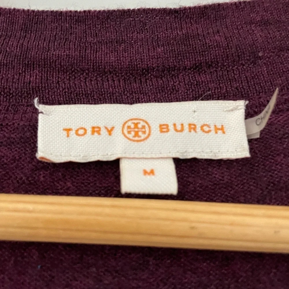 Tory Burch Simone Merino Wool Logo Button Cardigan Sweater Quiet Luxury Preppy